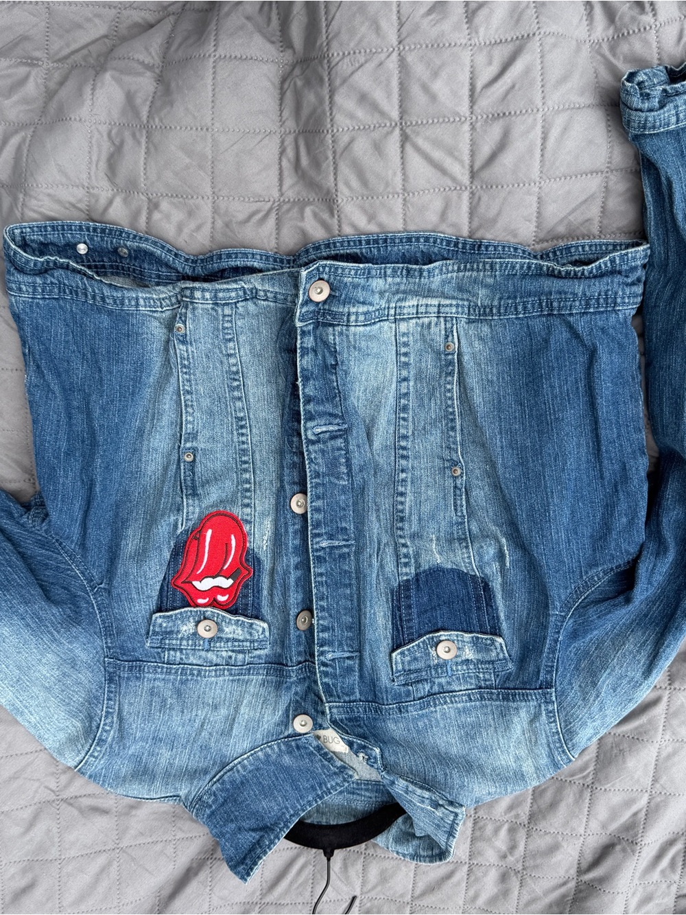 Women's Blue Denim Jacket with Rolling Stones shirt sawn on